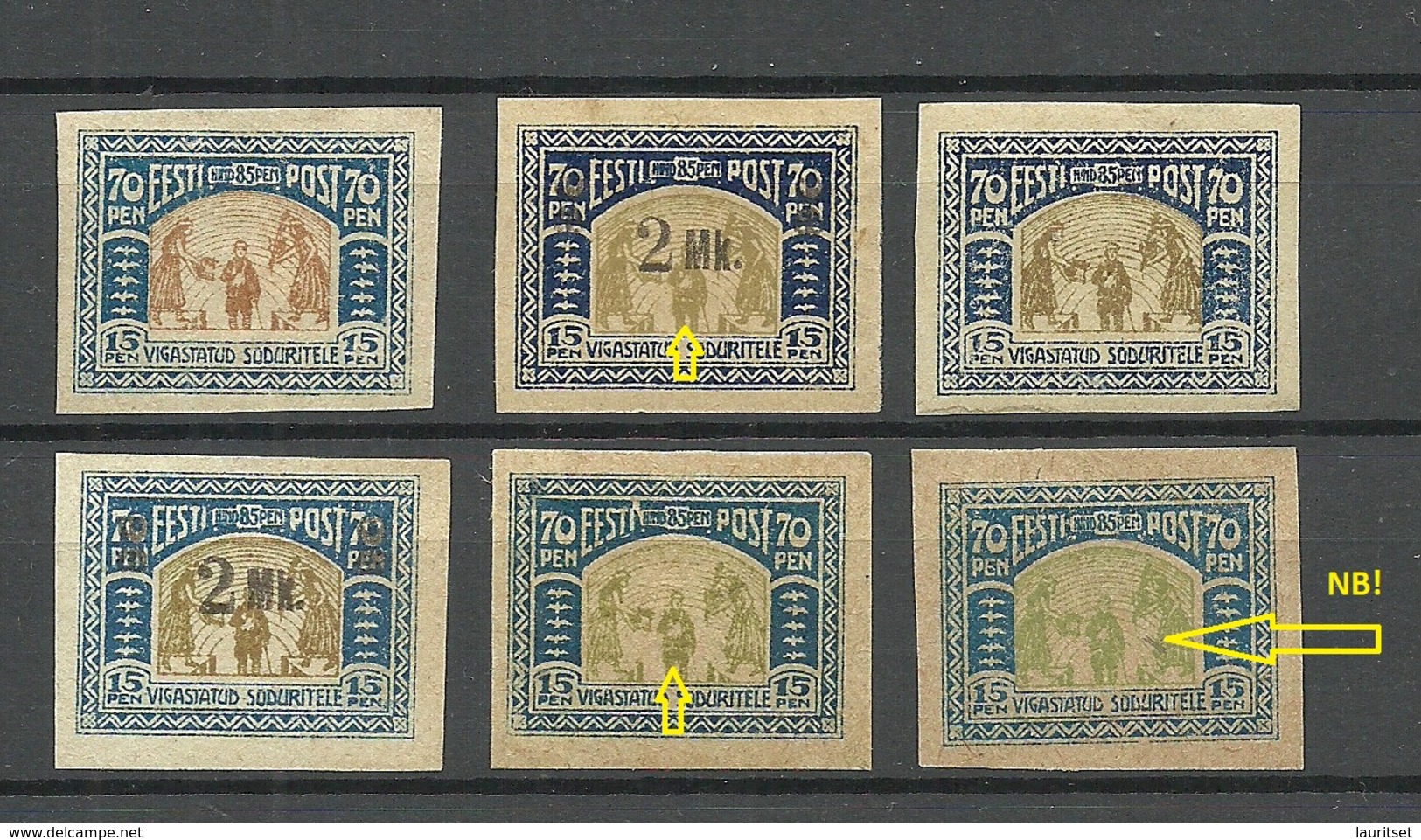 Estland Estonia 1920/21 Lot Michel 22 & 26 Incl ERROR Variety Abart Green/olive Center Prints (*) - Estonie