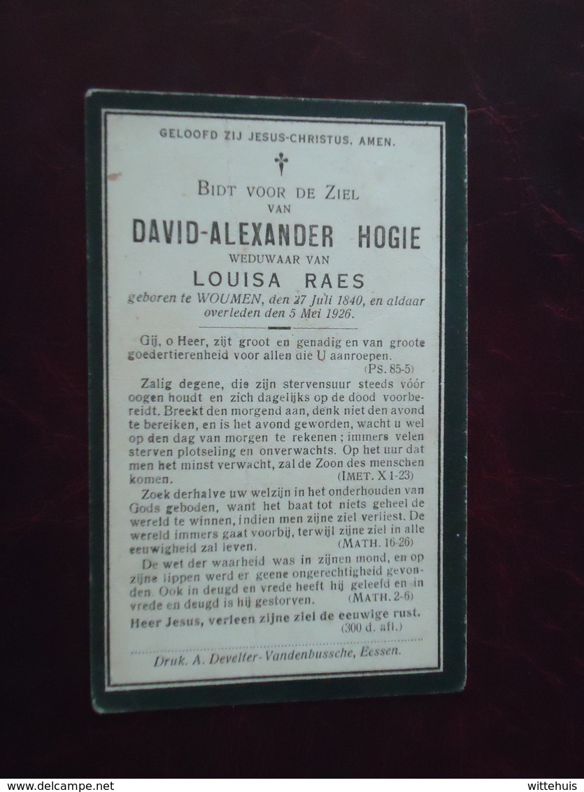 David Hogie - Raes Geboren Te Woumen 1840 En Overleden  1926  (2scans) - Godsdienst & Esoterisme