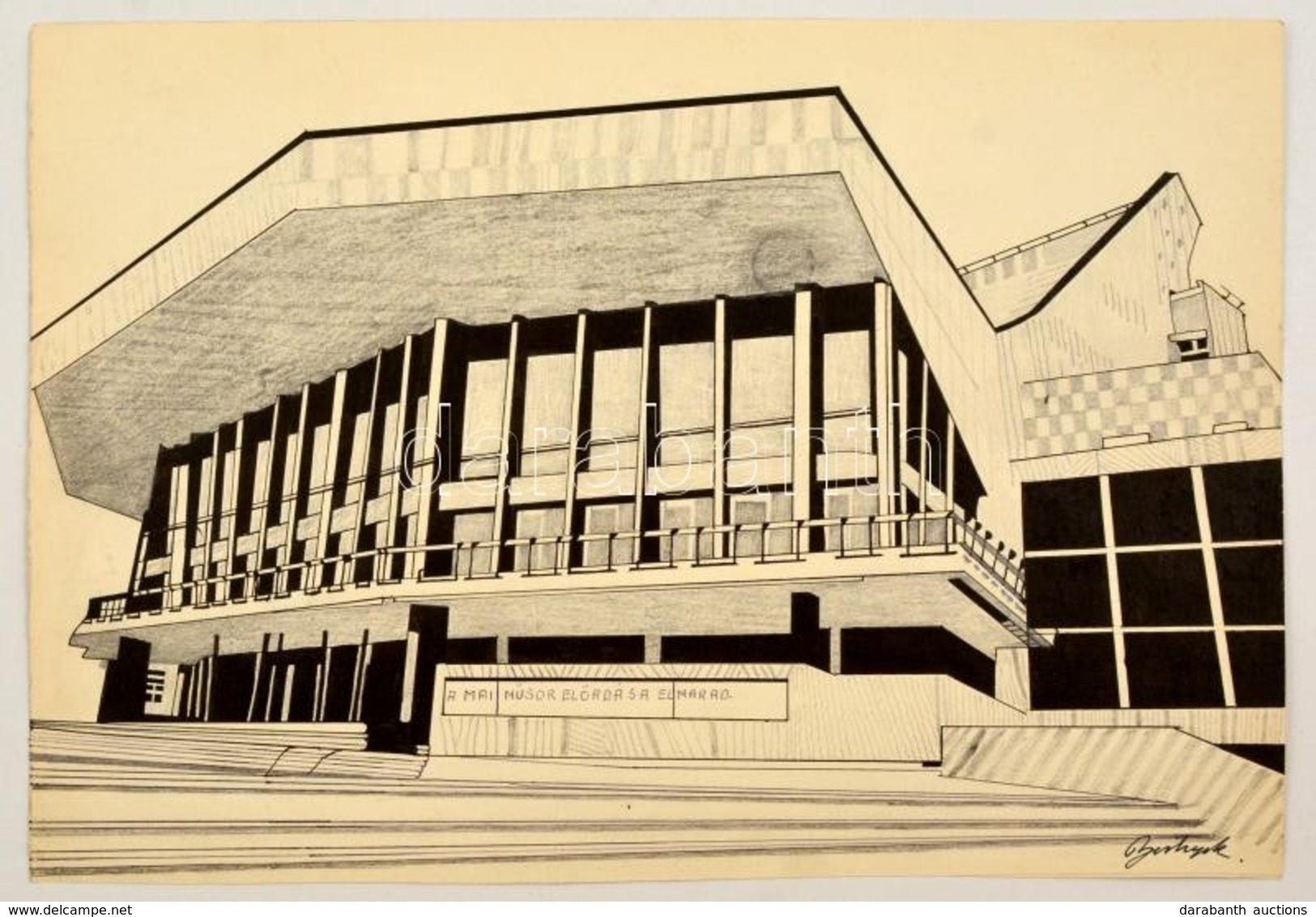 Bortnyik Jelzéssel: Modern épület. Tus-ceruza, Papír, 29×42 Cm - Other & Unclassified