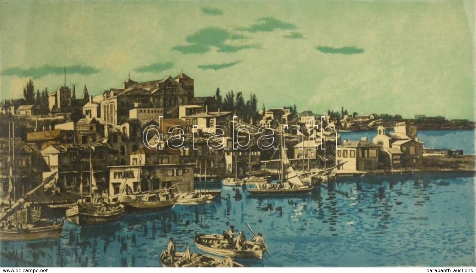 Görög Rezső (1930- ):Mediterrán Falu. Színes Rézkarc, Papír, Jelzett, üvegezett Fa Keretben, 39×71 Cm - Other & Unclassified