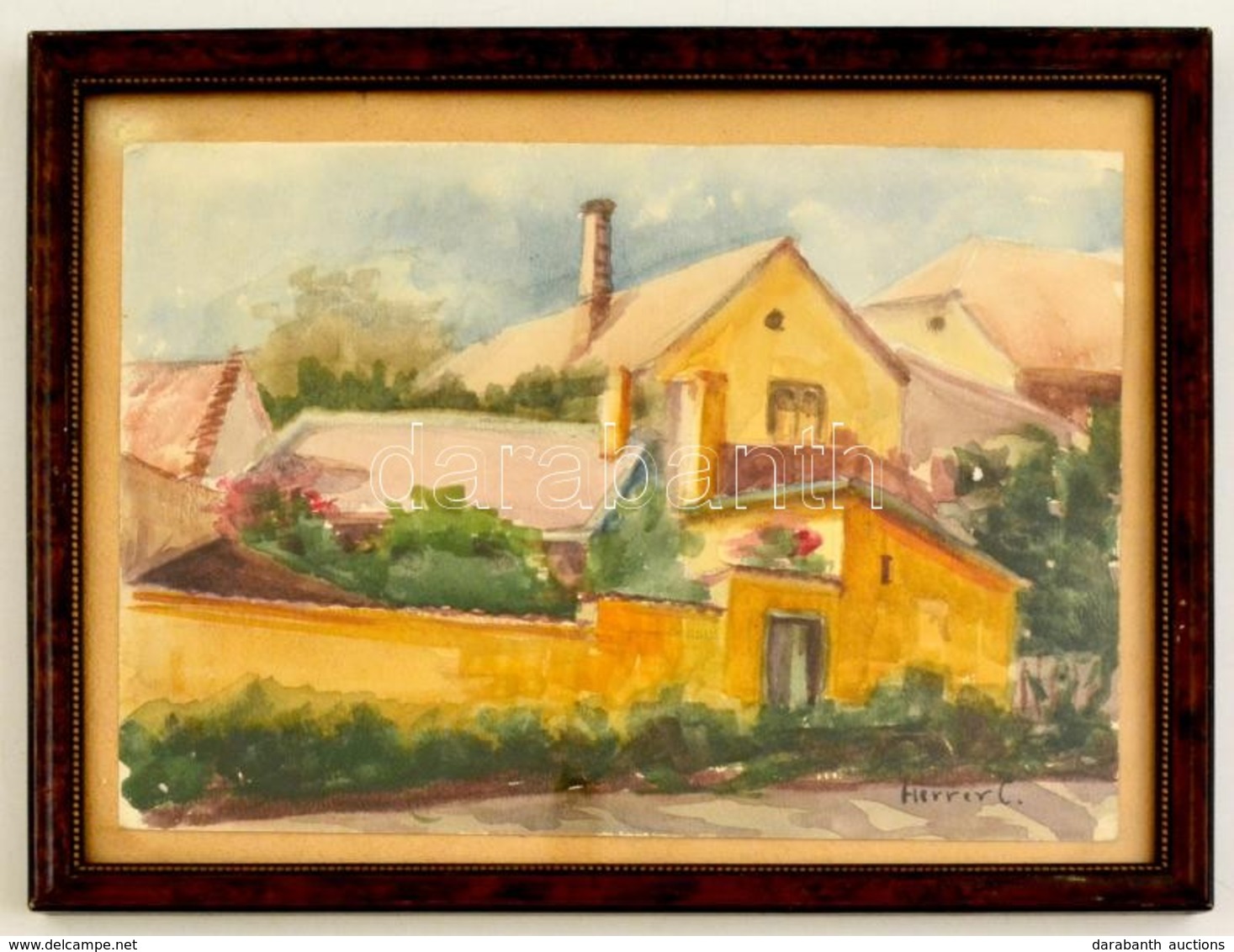 Herrer Jelzéssel: Házak. Akvarell, Papír, üvegezett Keretben, 20×28 Cm - Other & Unclassified