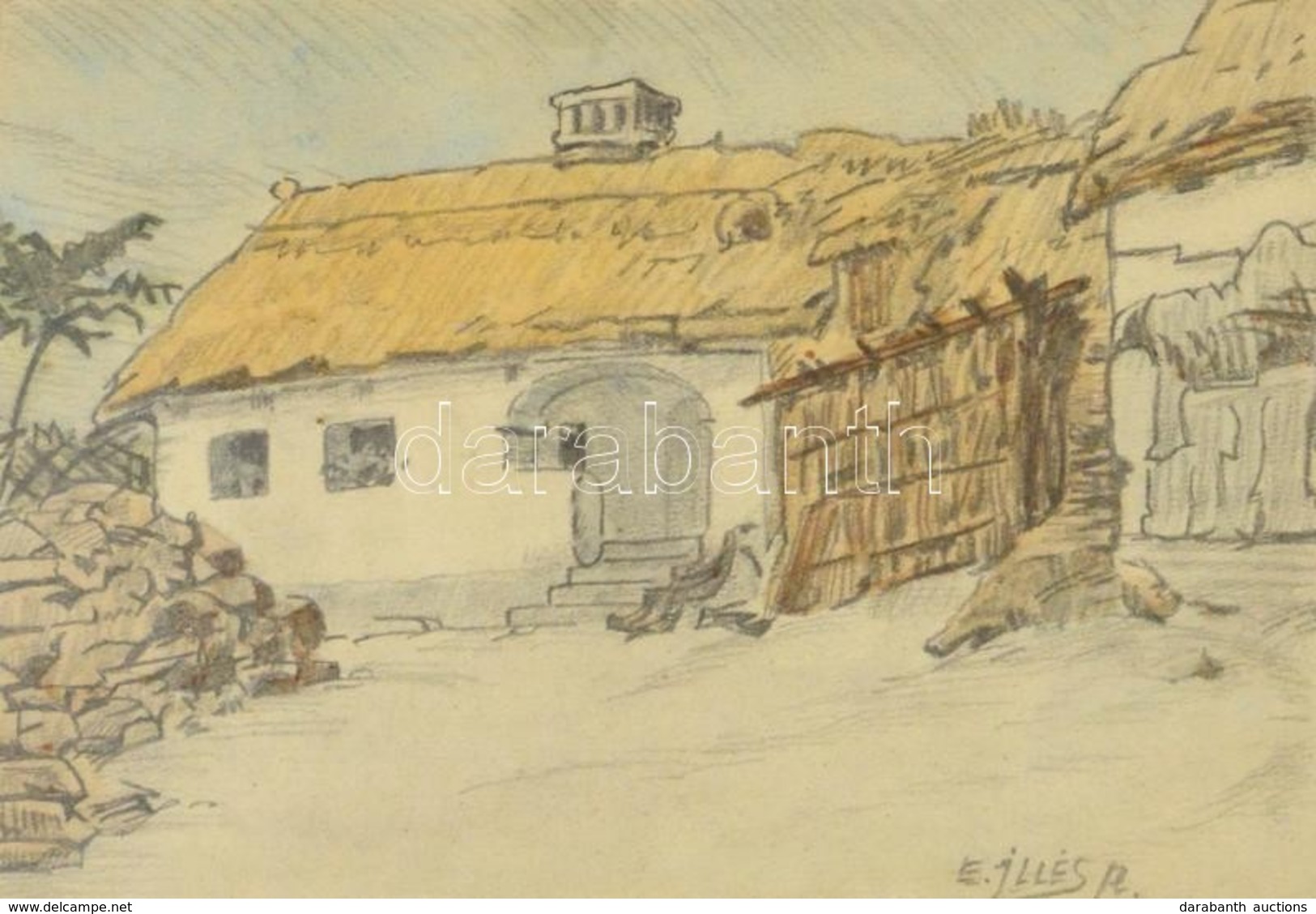 Illés Jelzéssel: Házrészlet. Ceruza, Papír, üvegezett Keretben,  13,5×19 Cm - Other & Unclassified