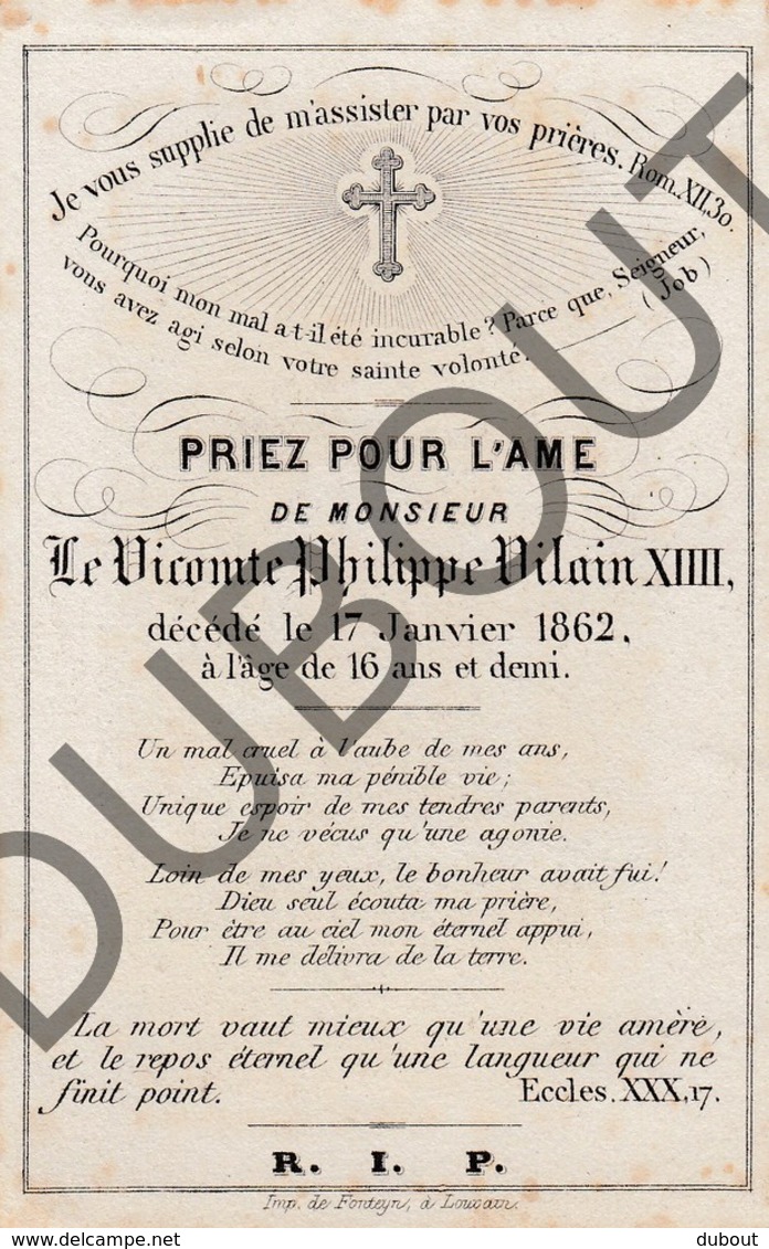 Doodsprentje Vicomte/Burggraaf Philippe Vilain XIIII °1845 †1862 (Gent - Aalst) (F228) - Obituary Notices