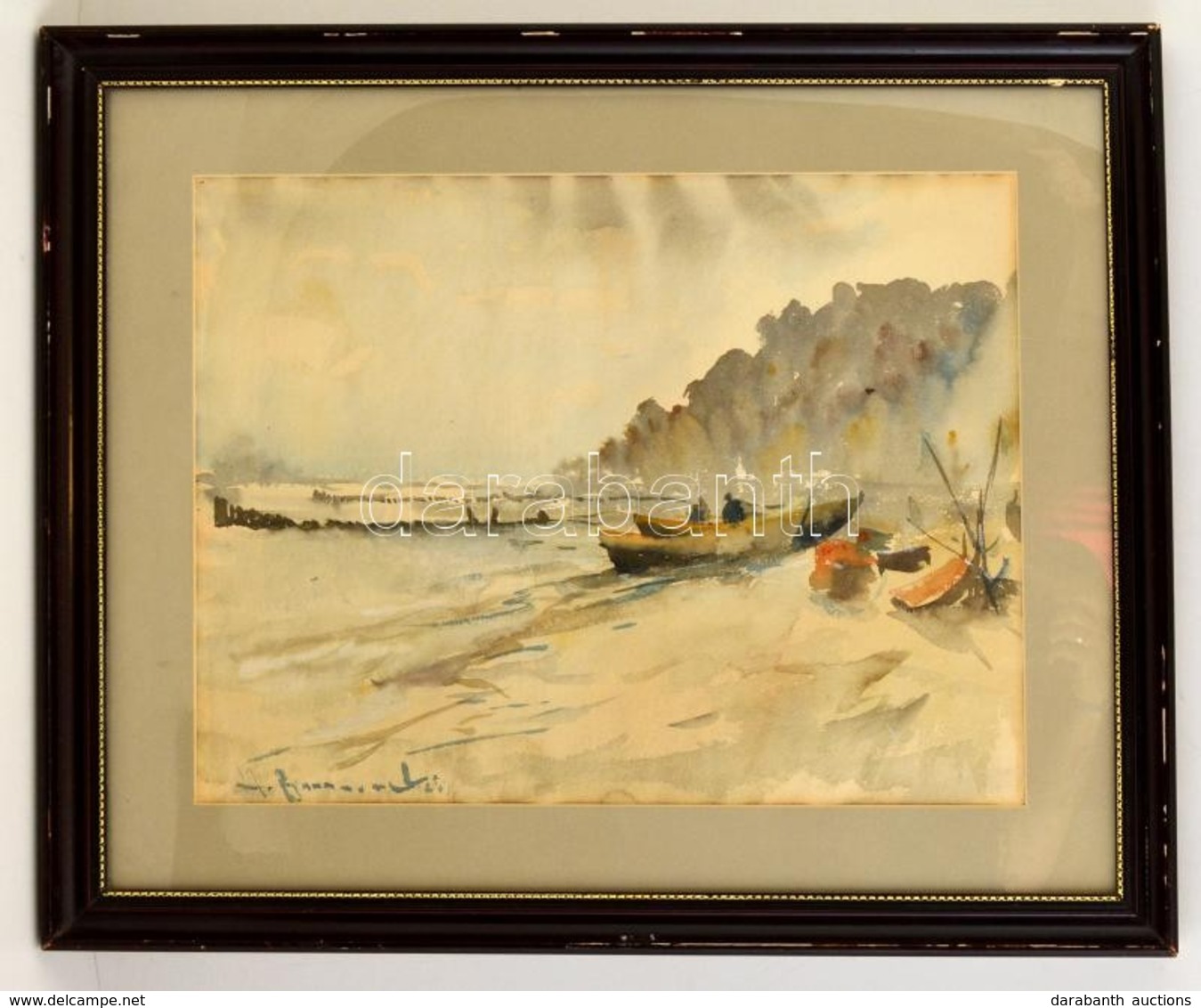 Olvashatatlan Jelzéssel: Csónakok A Parton. Akvarell, Papír, üvegezett Keretben, 43×55 Cm - Other & Unclassified