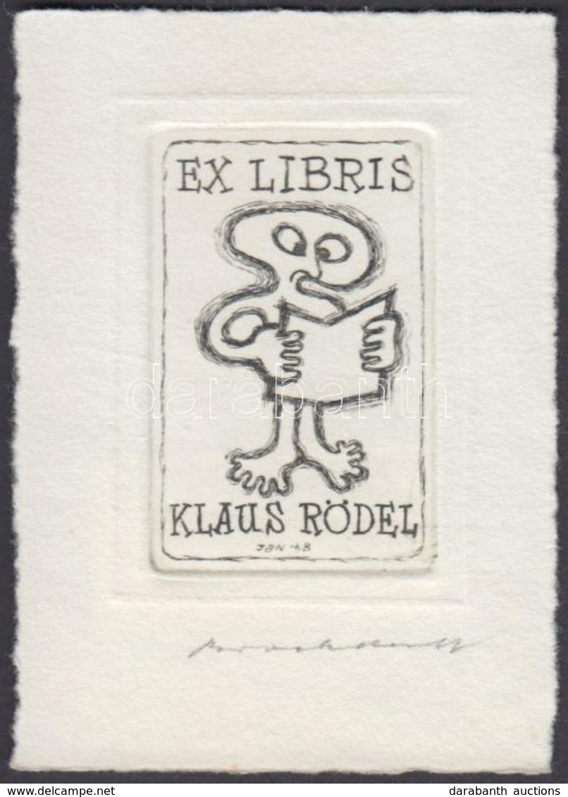 Jörgen Brockdorff-Nielsen (?-?): Ex Libris Klaus Rödel. Rézkarc, Papír, Jelzett, 5×4 Cm - Other & Unclassified