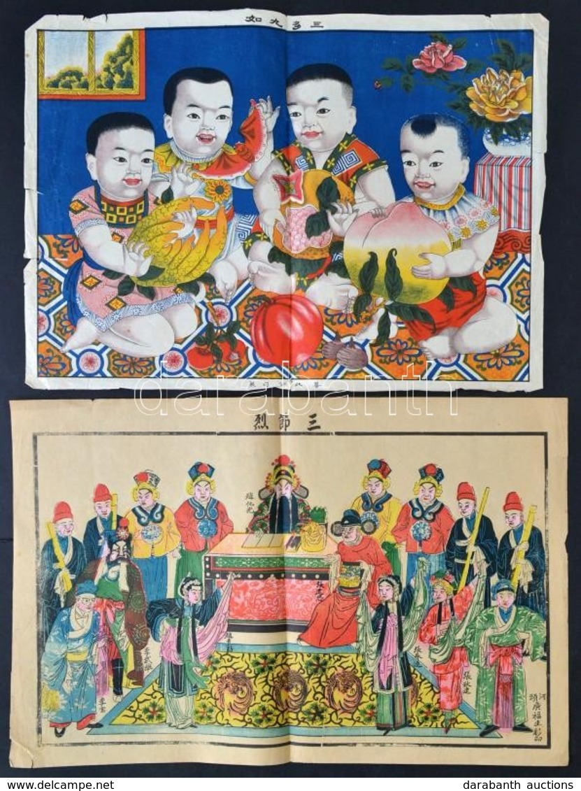 XX. Sz. Eleje: 2 Db Nagyméretű Kínai Fametszet / Chineese Woodcuts 51x35 Cm - Stiche & Gravuren