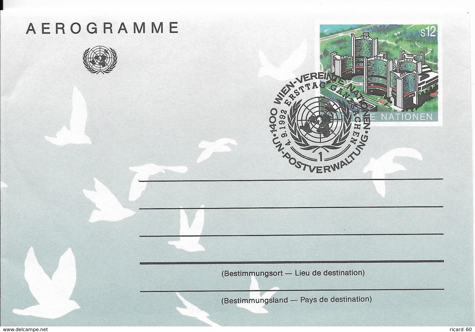 Onu, United Nations, Nations Unies,vienne, Entier Postal 1992, Aérogramme Fdc, 12s, Palais Des Nations, Colombes - Lettres & Documents