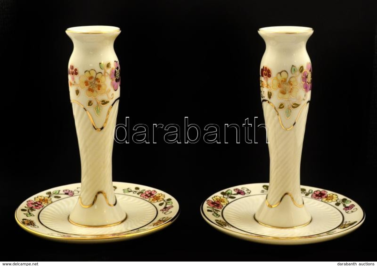 Zsolnay Pillangómintás Porcelán Gyertyatartó, 2 Db, Kézzel Festett, Jelzett, Hibátlan, M: 13 Cm - Sonstige & Ohne Zuordnung