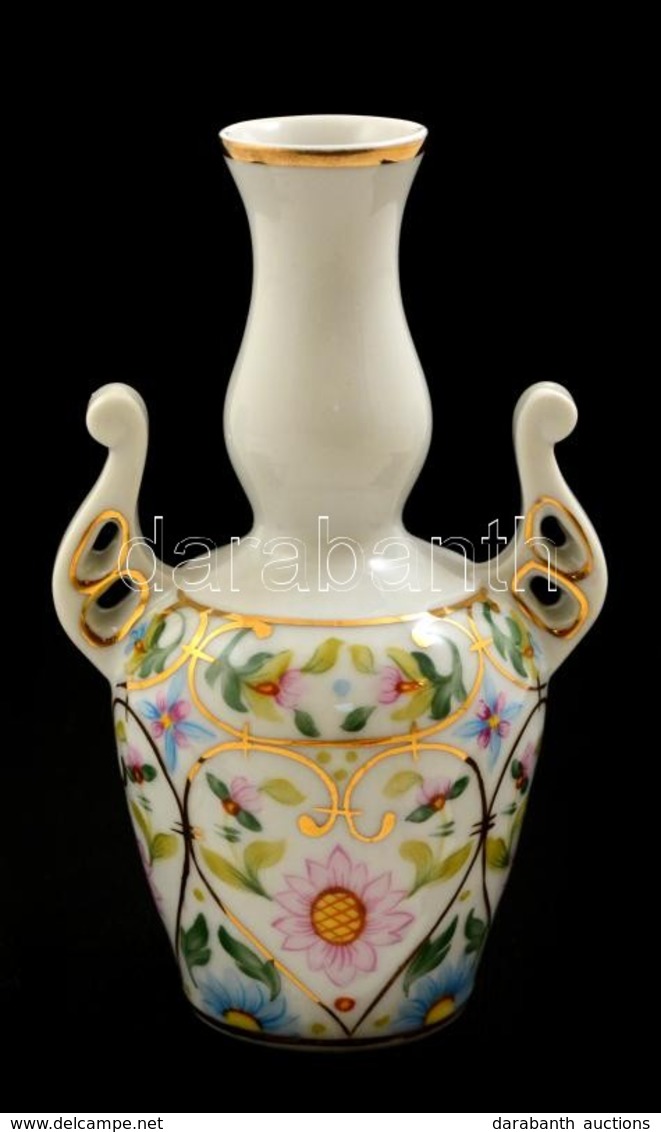 Hollóházi Porcelán Virágmintás Kis Váza, Kézzel Festett, Jelzett, Hibátlan, M: 13 Cm - Other & Unclassified