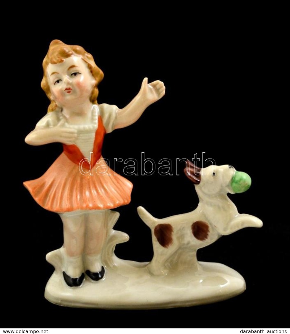 Kislány Kutyával, Figurális Porcelán, Kézzel Festett, Hibátlan, Jelzés Nélkül, 9,5×11 Cm - Other & Unclassified