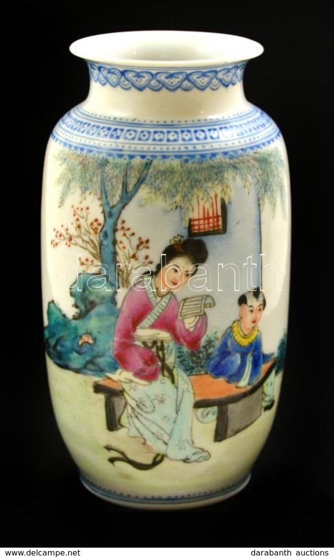 Kínai Porcelán Váza, Kézzel Festett, Jelzett, Kis Kopásokkal, M: 15 Cm - Sonstige & Ohne Zuordnung