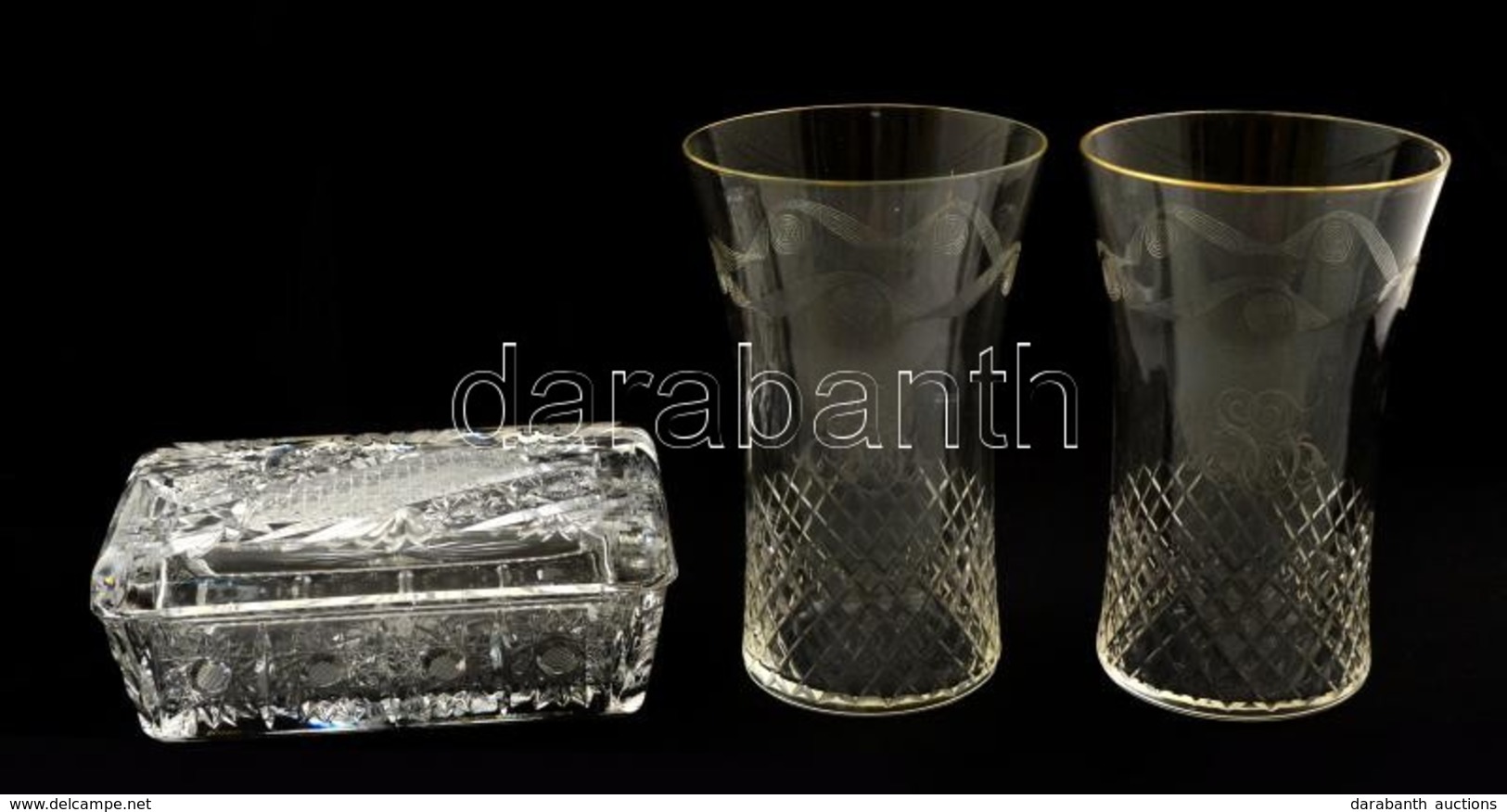 2 Db üvegpohár, Karcolásokkal, M: 12 Cm + ólomkristály Doboz, Hibátlan, 12×8×4 Cm - Glass & Crystal