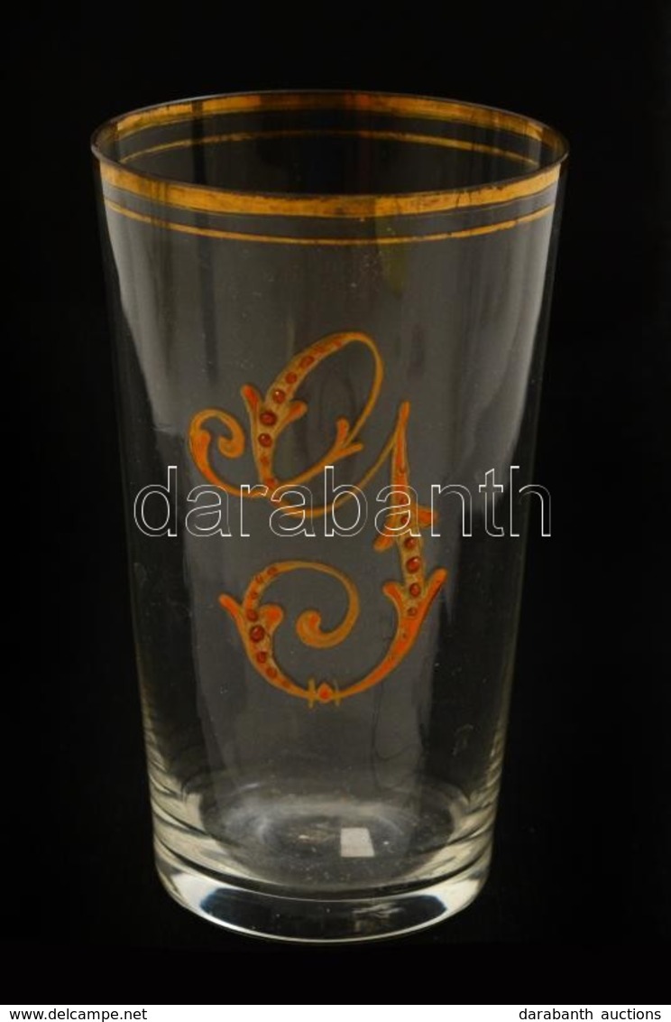 Cca 1900  Monogramos Festett Talpas Pohár, M:14 Cm - Glass & Crystal