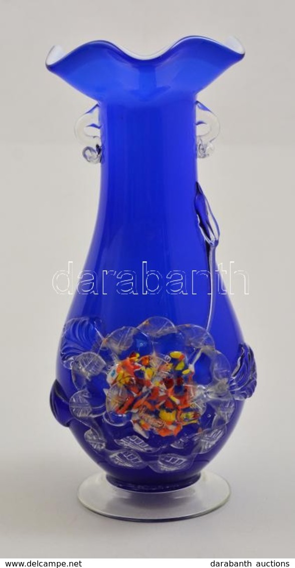 Gazdagon Díszített Fúj Váza, Plasztikus Rátétekkel, Jelzés Nélkül, Karcolással, M: 24 Cm - Glass & Crystal