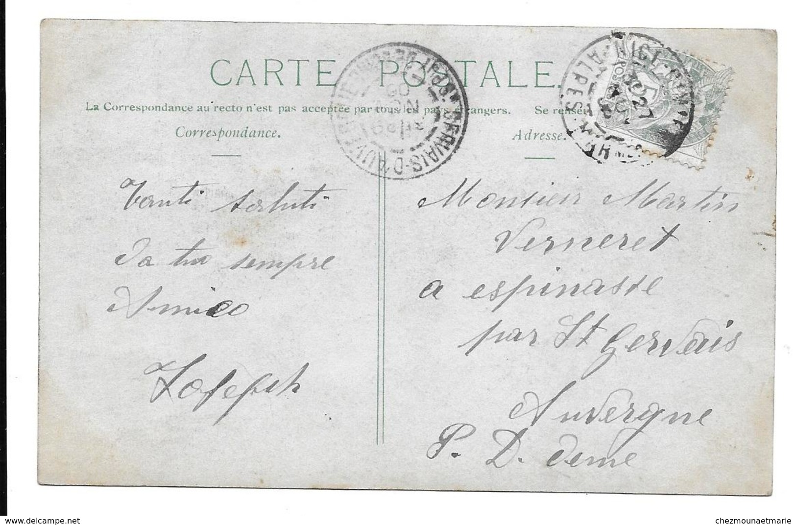 NICE - POUR VERNERET ESPINASSE PUY DE DOME - CARTE PHOTO TIMBRES TYPE SAGE ET BLANC - Autres & Non Classés