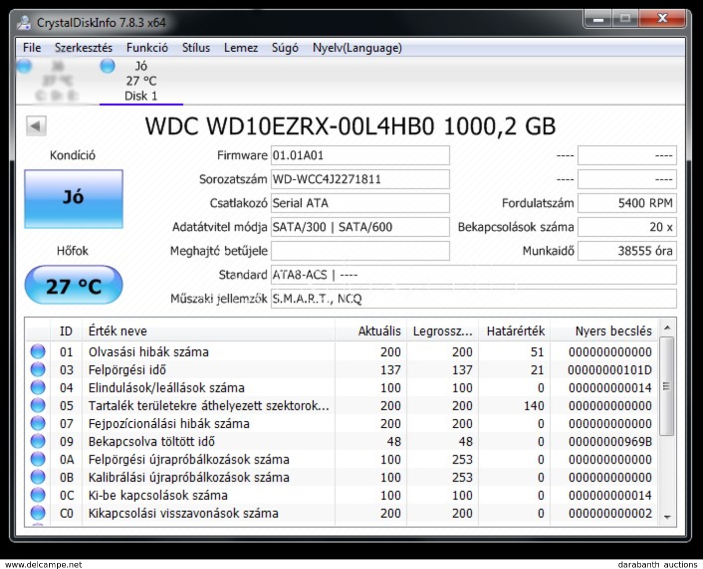 Használt Merevlemez - WesternDigital CaviarGreen
Típus: WD10EZRX
Tárkapacitás: 1TB
Fordulatszám: 5400 RPM
Cache:  64 MB
 - Other & Unclassified