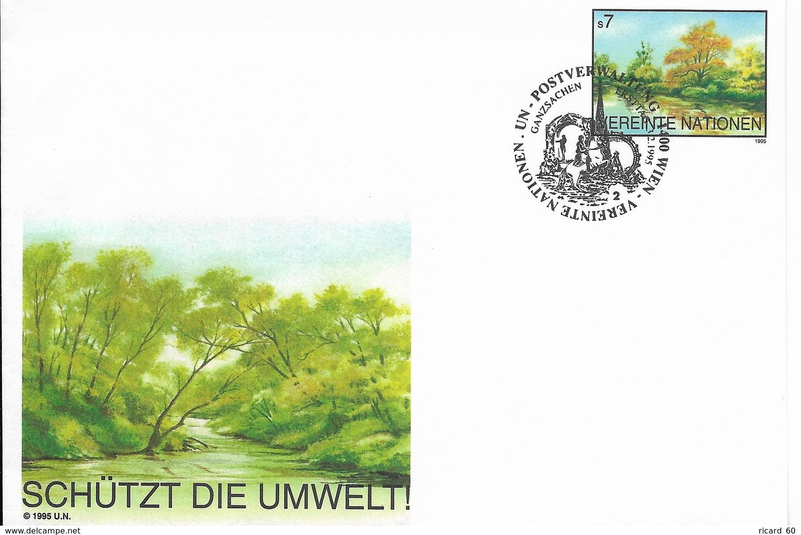 Onu, United Nations, Nations Unies,vienne, Entier Postal 1995, Env Fdc, 7s, Protection Environnement, Arbres, Rivière - Lettres & Documents