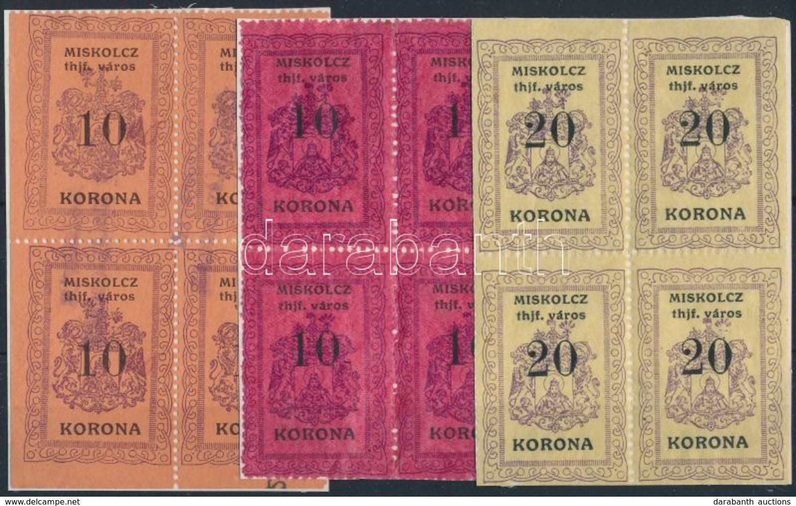 1921 Miskolc Városi Okmánybélyeg Narancs és Lilásvörös 10K + Világossárga 20K 4-es Tömbökben (60.900) - Unclassified