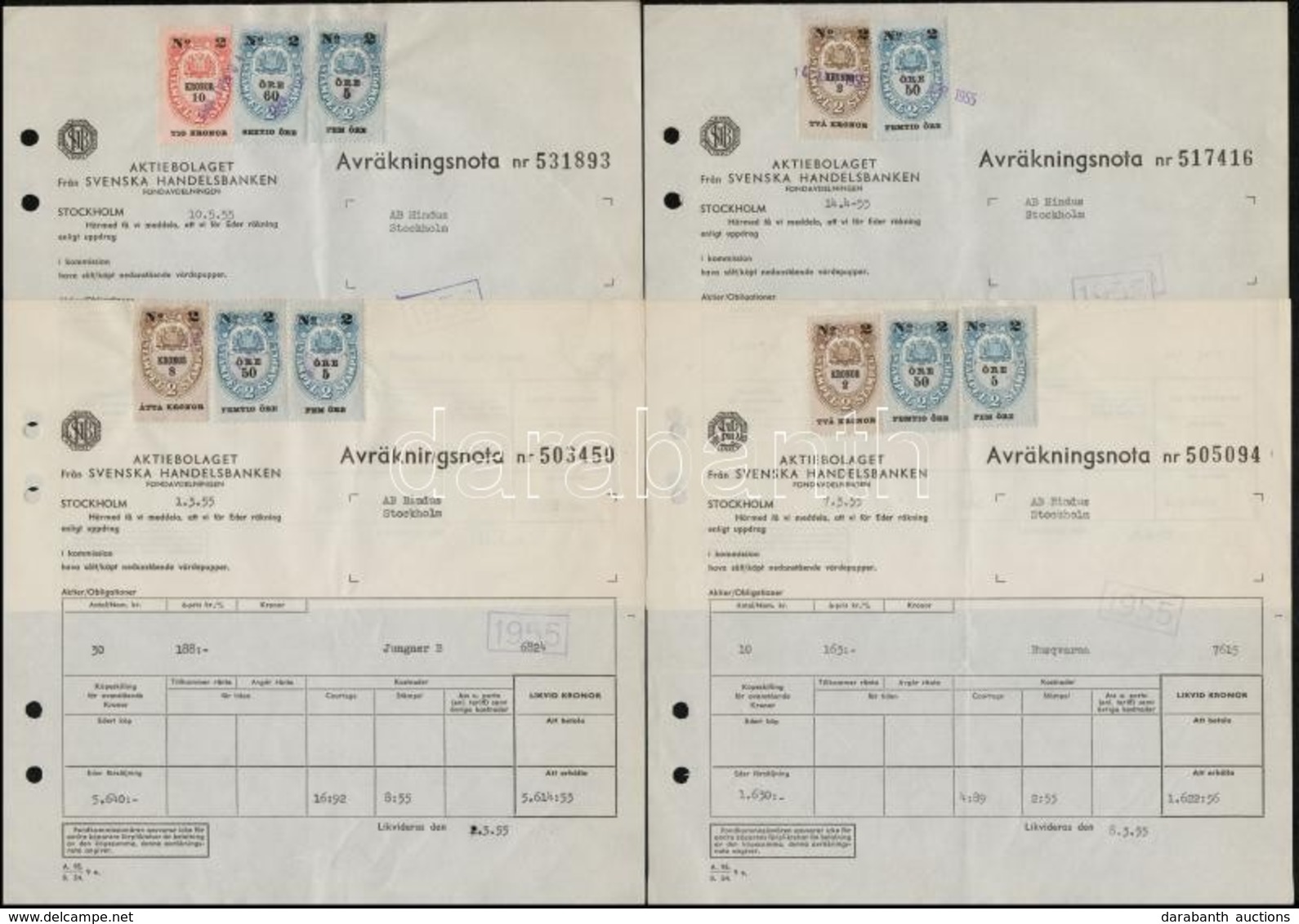 Svéd Adóbélyegek Részvényforgalmi Nyomtatványokon, 12 Db - Unclassified