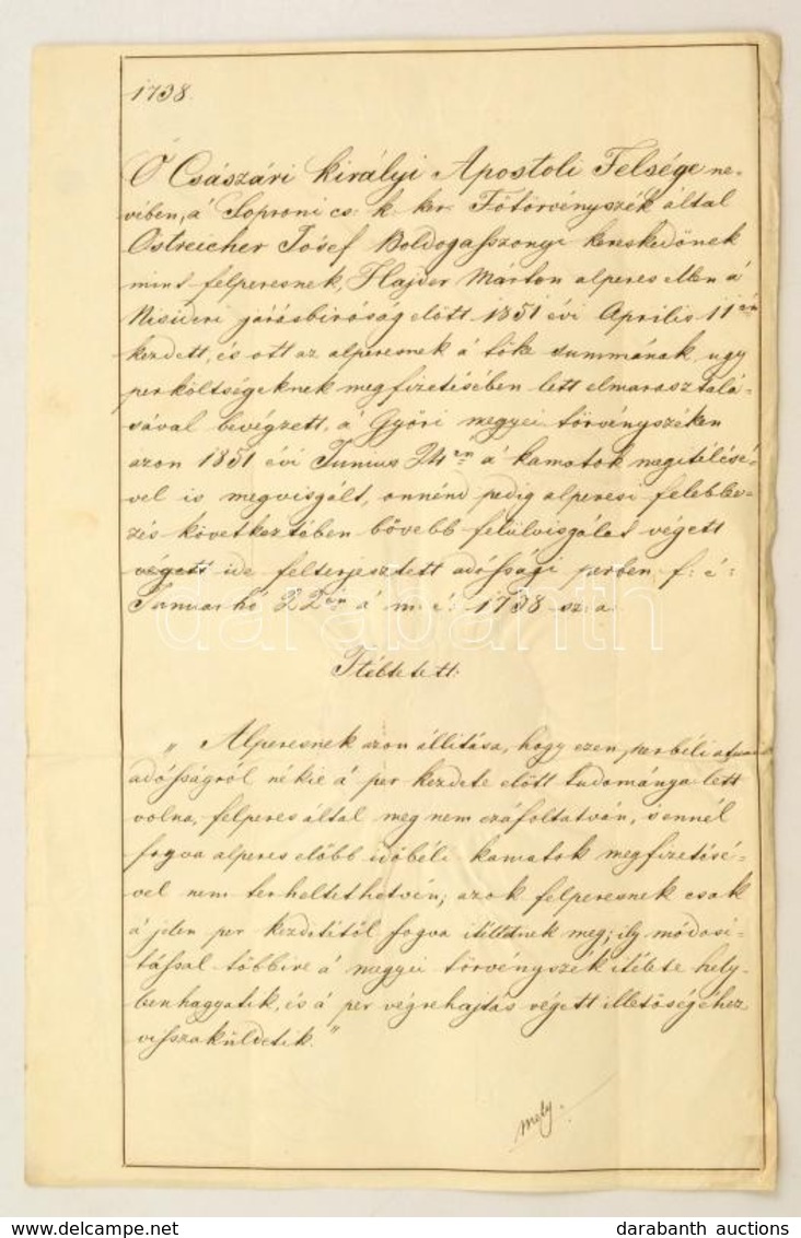 1852 A Soproni Főtörvényszék ítélete, Szárazpecséttel, Hőgyészy Pál Helyettes Elnök Aláírásával - Unclassified