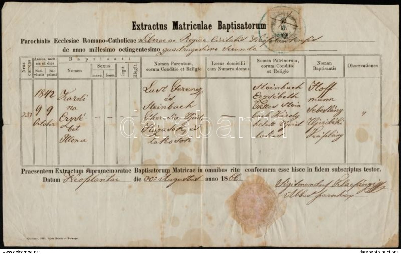 O 1866 Anyakönyvi Kivonat Újvidékről 50kr Okmánybélyeggel - Ohne Zuordnung
