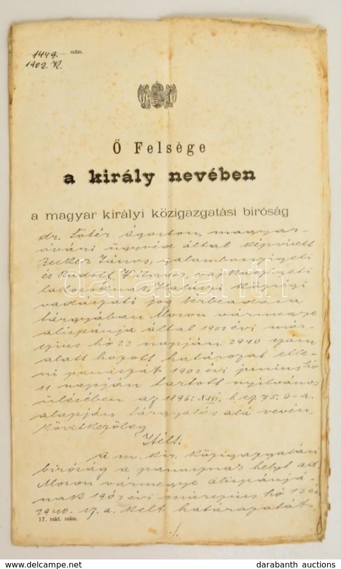 1902 A Magyar Királyi Közigazgatási Bíróság ítéletlevelének Korabeli Hiteles Másolata, Bélyegzővel, Szmrecsányi Jenő (18 - Sin Clasificación