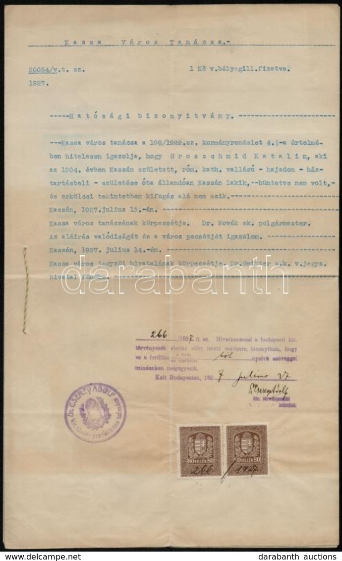 1927 Dr. Jáky Gyuláné Grosschmid Kató (1904-1986), Márai Sándor Testvérének Erkölcsi Bizonyítványa. Szlovák Nyelven + Hi - Unclassified