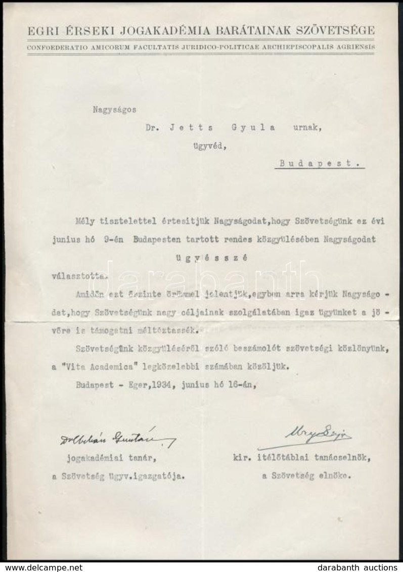 1934 Egri Érseki Jogakadémia Barátainak Szövetségének értesítése Dr. Jetts Gyula ügyésszé Választásáról, Az Szövetség üg - Unclassified