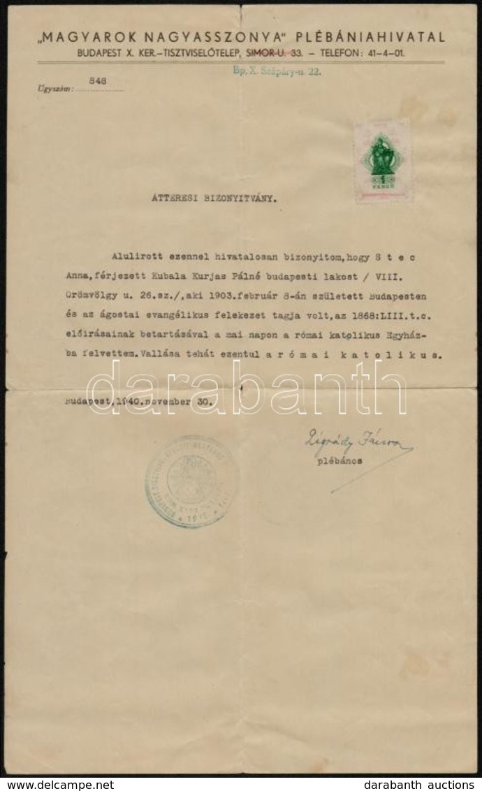 1940 Kubala László Focista édesanyjának, Stec Annának áttérési Bizonyítványa, Okmánybélyeggel - Ohne Zuordnung