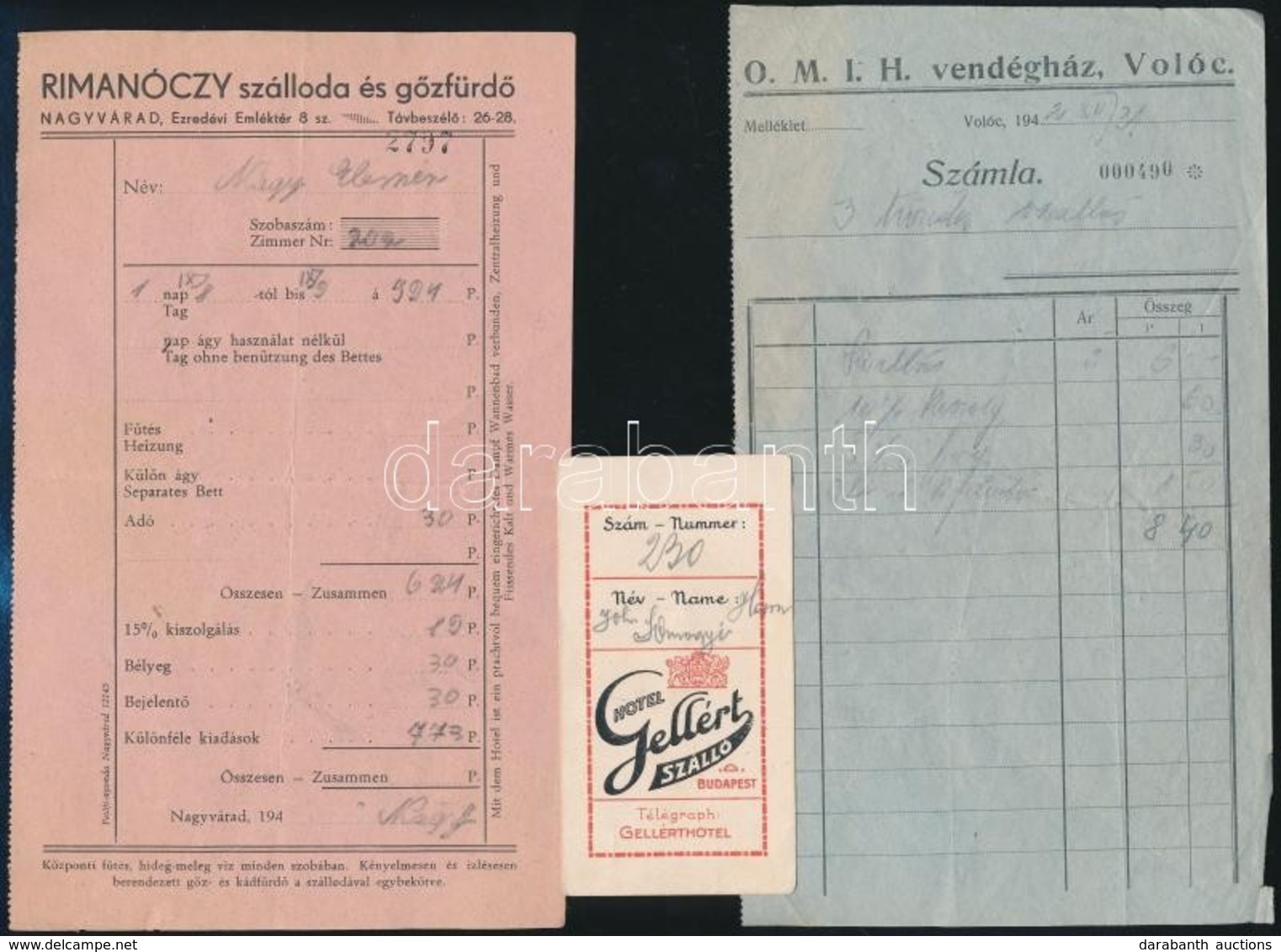 Cca 1940-1942 2 Db Szállodai Számla és Szobakártya (Rimanóczy Szálloda és Gőzfürdő, OMIH Vendégház, Gellért Szálló), 3 D - Ohne Zuordnung