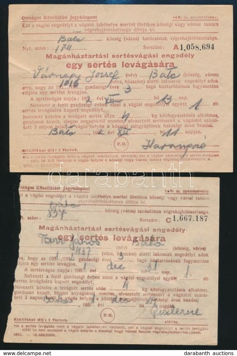 1951-1952 2 Db Sertésvágási Engedély - Unclassified