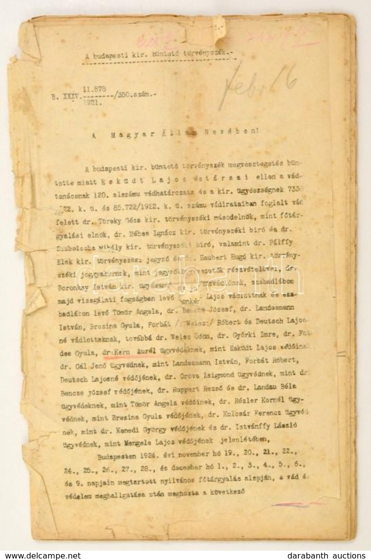 1921 A Budapesti Királyi Büntető Törvényszék ítélete Az Eskütt-féle Panamaügyben, Gépelt, Helyenként Sérült, 88 P. - Unclassified