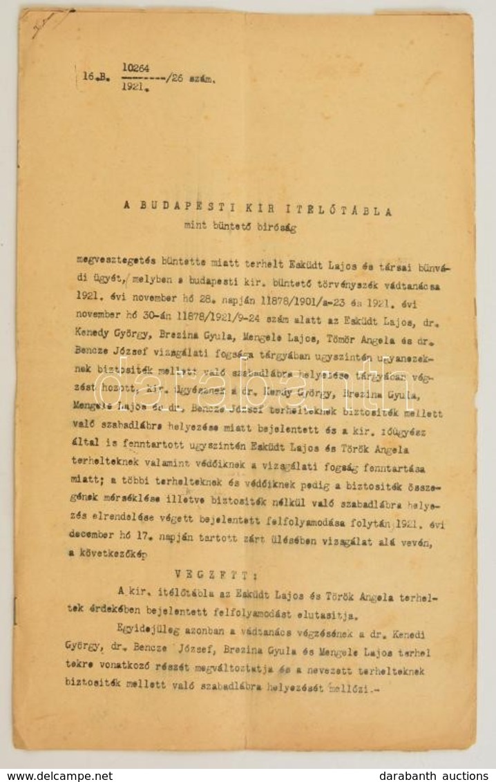 1921 A Budapesti Királyi Ítélőtábla Végzése Az Eskütt-féle Panamaügyben, 8 P. - Unclassified