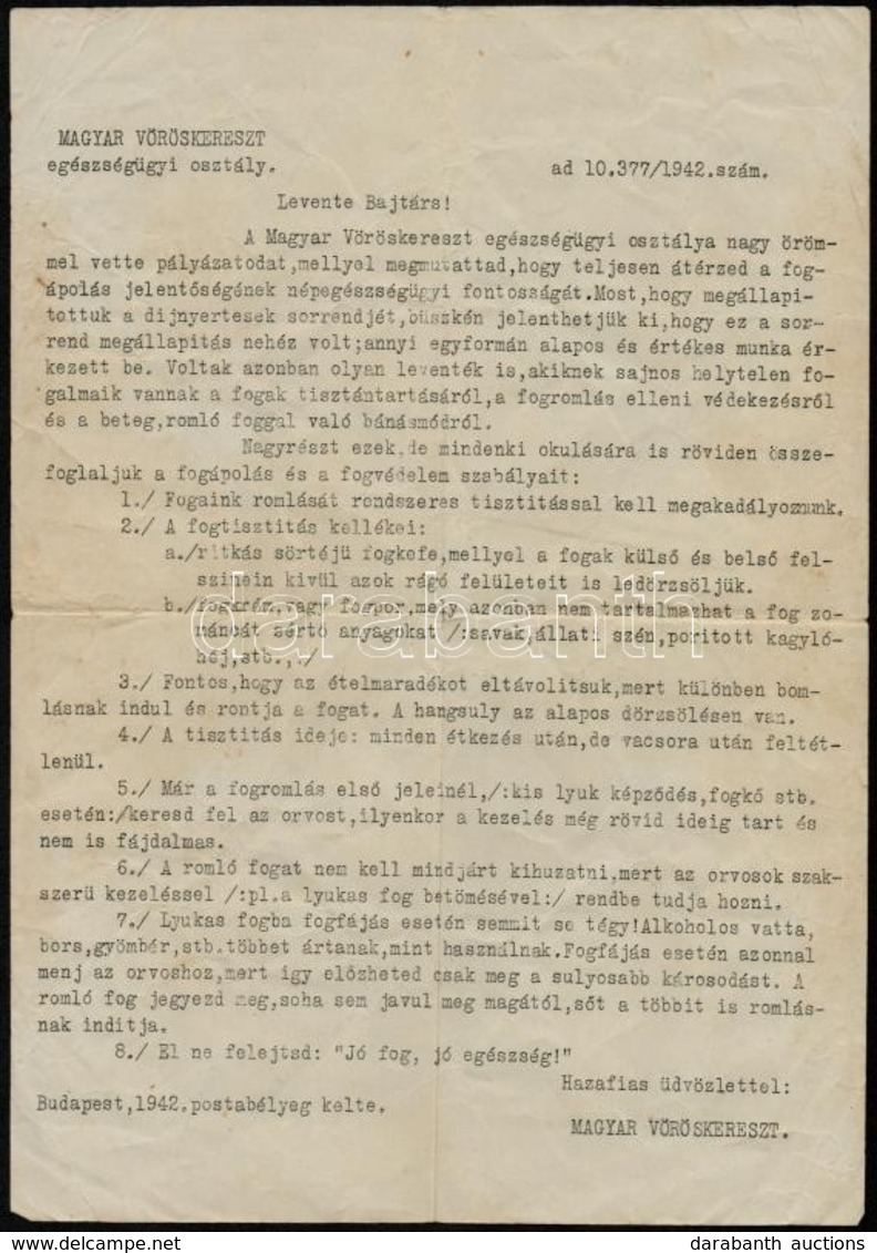 1942 Magyar Vöröskereszt Egészségügyi Osztályának Gépelt Levele Levente Részére, Beérkezett Fogászati Pályázat ügyében - Unclassified
