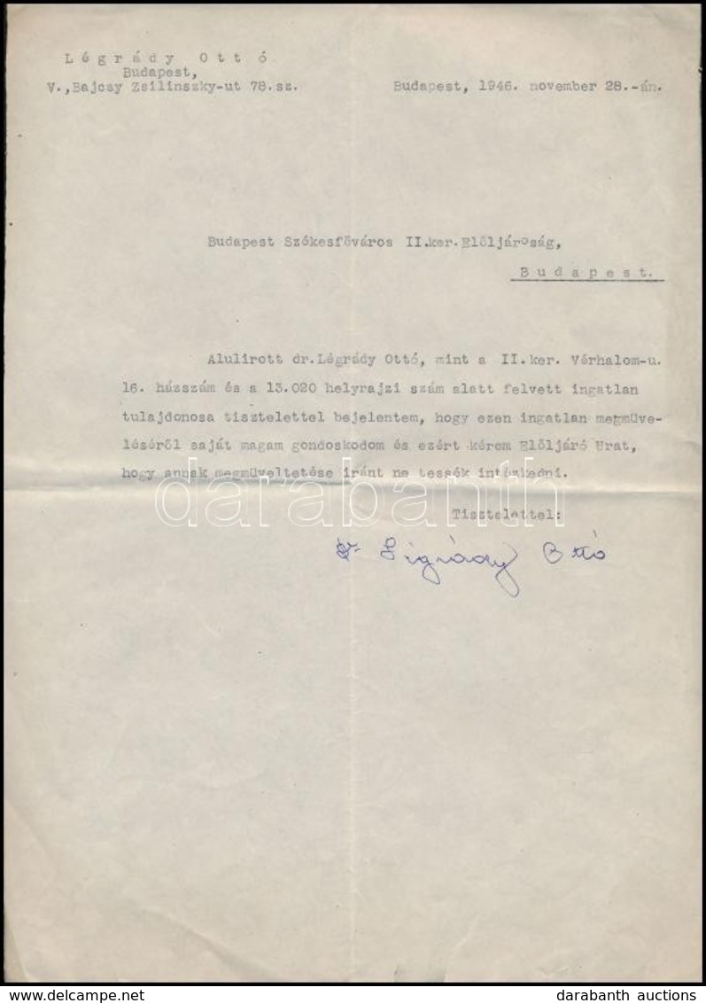 1946 Légrády Ottó (1878-1948) újságíró és Kiadó Aláírása Egy Budapest Székesfővárosa II. Ker. Elöljáróságának, Magánügyb - Ohne Zuordnung