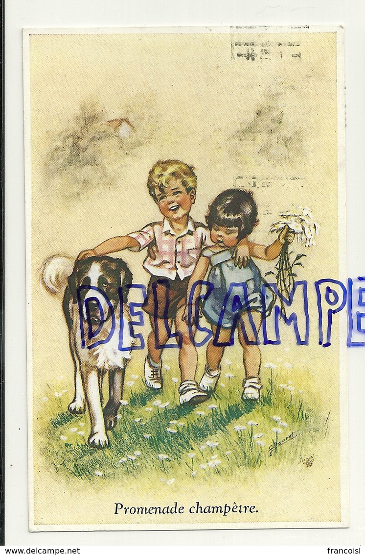 Deux Enfants Et Un Saint Bernard. "Promenade Champêtre". Signée Germaine Bouret. 1936 - Bouret, Germaine