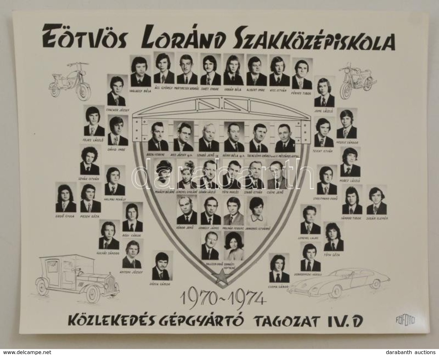 1974 Eötvös Loránd Szakközépiskola Közlekedés Gépgyártó Tagozat, Tanárok és Végzett Diákok Kistablója Nevesített Portrék - Other & Unclassified