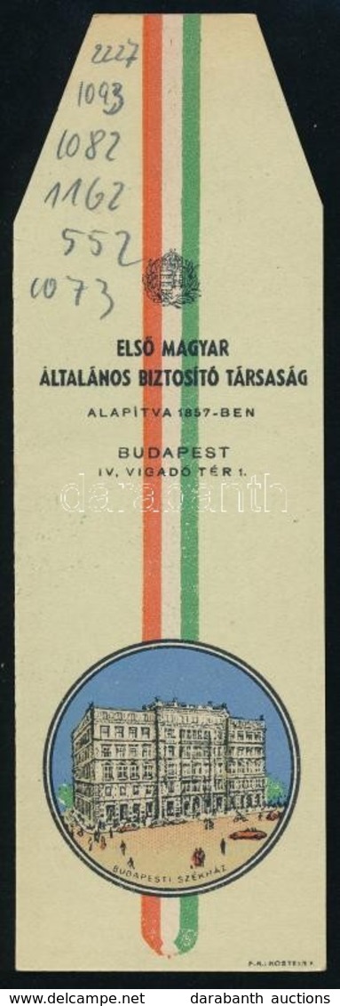 Első Magyar Általános Biztosító Társaság Reklámos Könyvjelző - Advertising