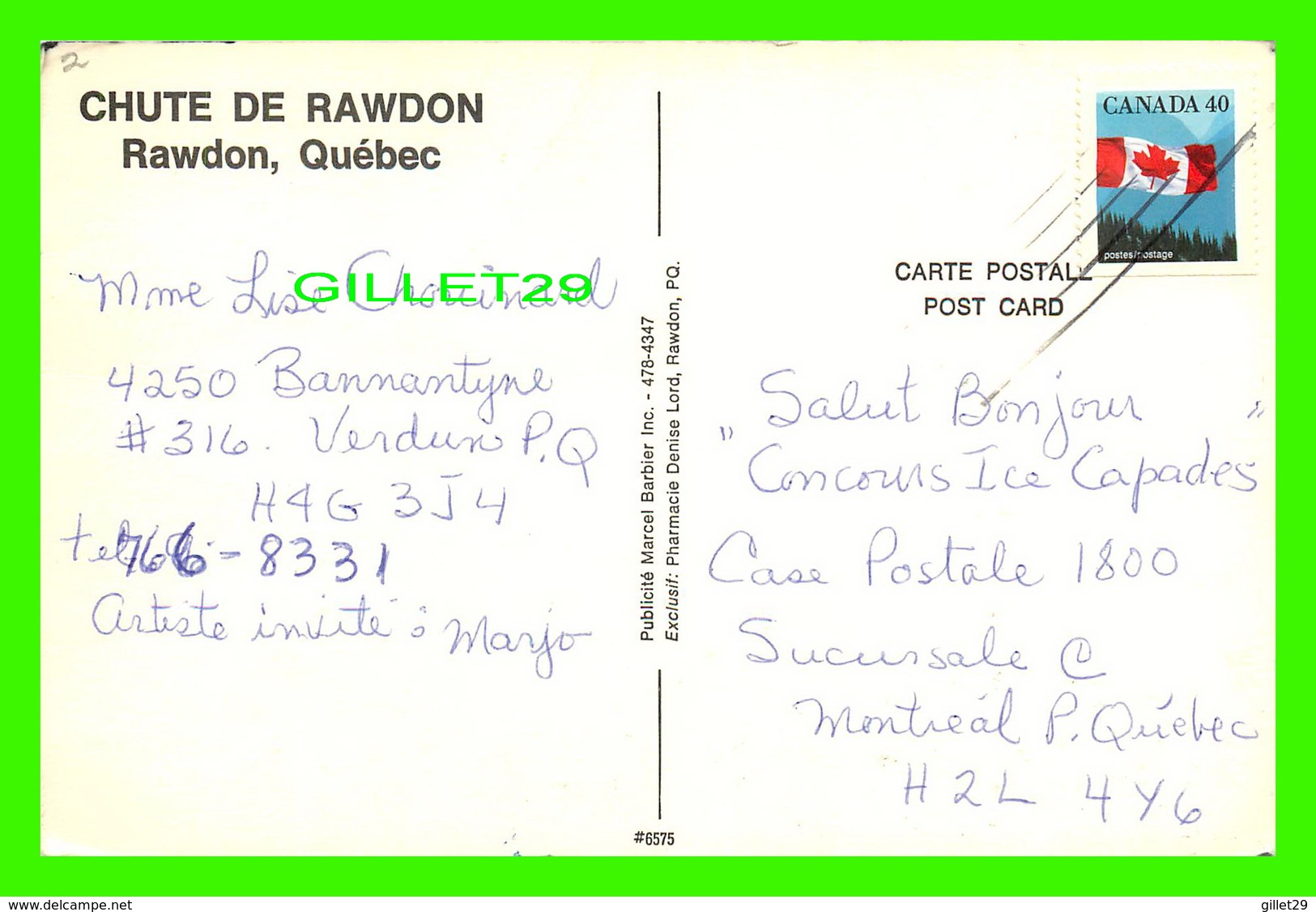 RAWDON, QUÉBEC - CHUTE DE RAWDON - CIRCULÉE - PUBLICITÉ MARCEL BARBIER INC - - Autres & Non Classés