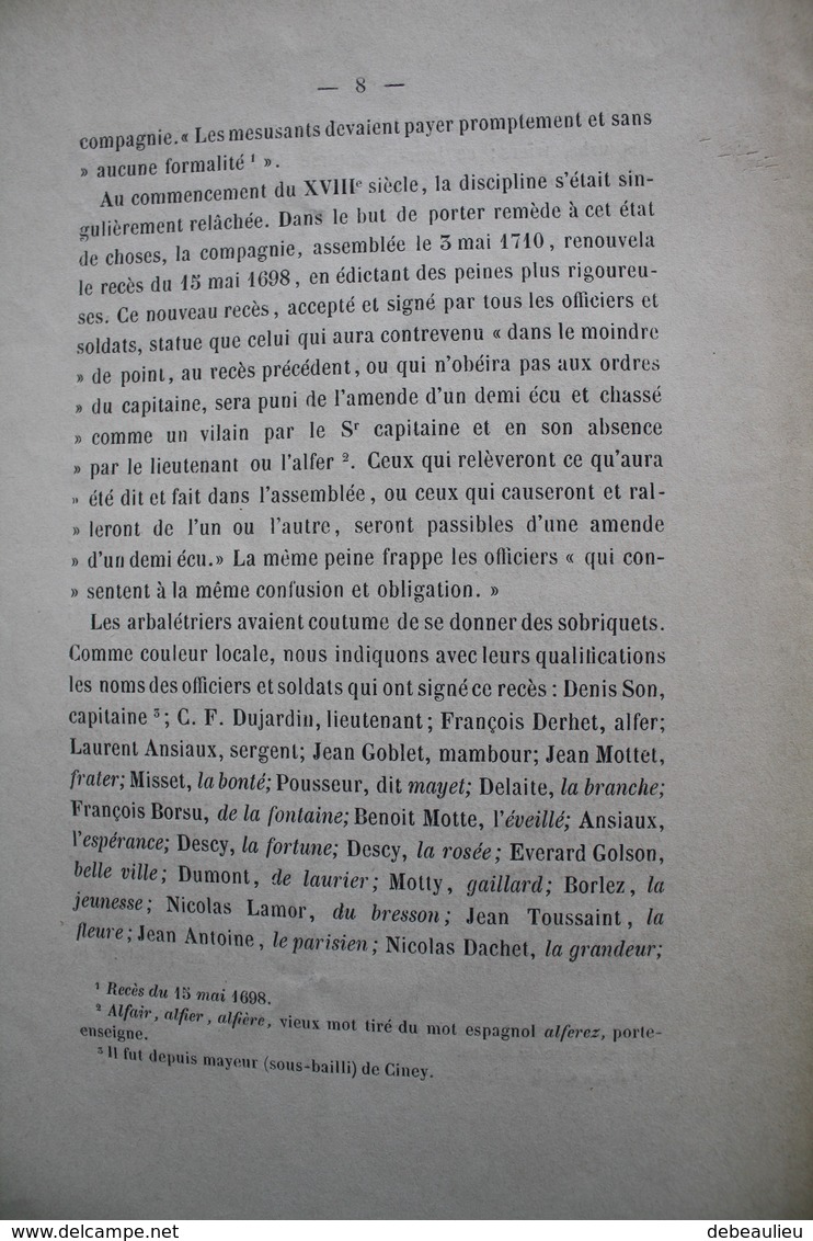 Ancien livre "Notice sur les arbalétriers de Ciney" par N. Hauzeur