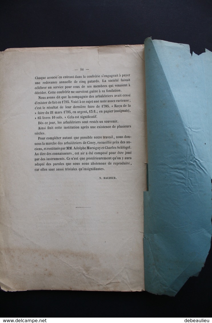 Ancien livre "Notice sur les arbalétriers de Ciney" par N. Hauzeur