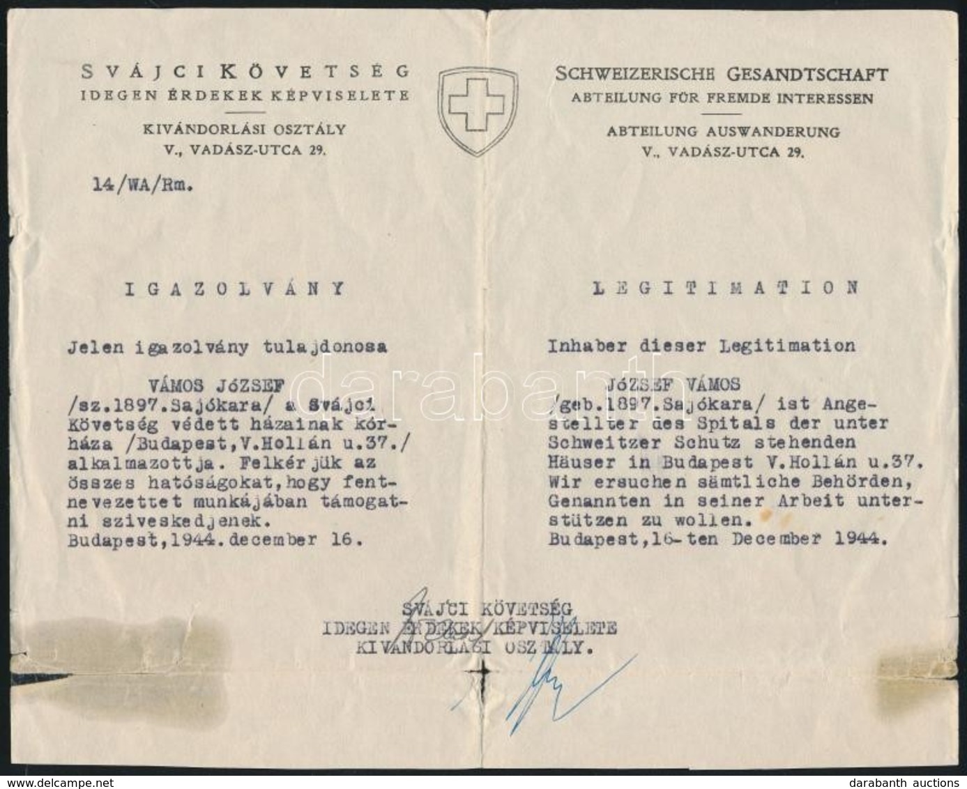 1944 Svájci Követség Menlevele (Schutzpass) Magyar Zsidó Személy Részére / Swiss Conuslate Schutzpass, Protective Docume - Sonstige & Ohne Zuordnung