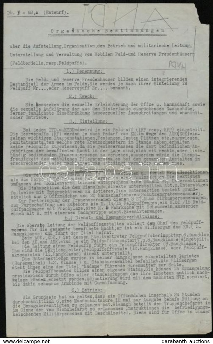 Cca 1914-1918 Katonai és Tábori Bordélyházakról Szóló Rendelkezési, Szabályozási Tervezet, Német Nyelven, 2,5 Gépelt Old - Sonstige & Ohne Zuordnung