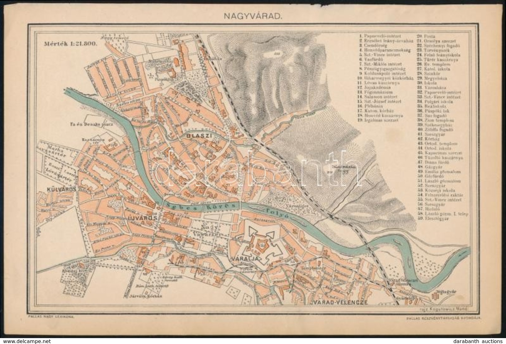 Nagyvárad Térképe, 1:21800, Pallas Nagy Lexikona Melléklete, 16×24 Cm - Sonstige & Ohne Zuordnung