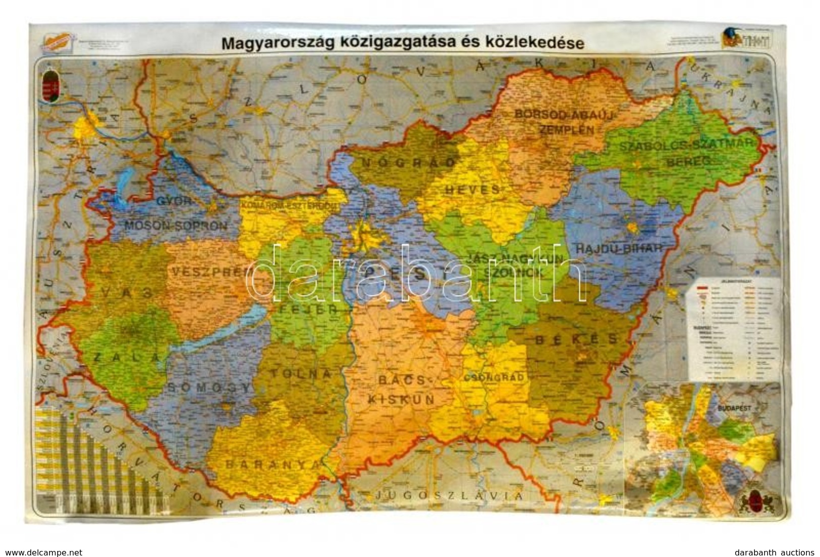Magyarország Közigazgatása és Közlekedése Nagyméretű Laminált Térkép 120x100 Cm - Sonstige & Ohne Zuordnung