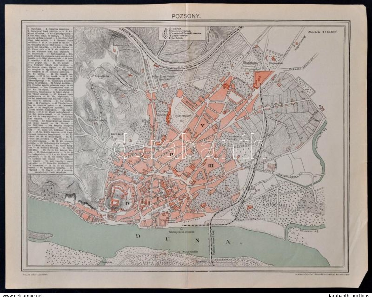 Pozsony Térképe, 1:13600, Pallas Nagy Lexikona Melléklete, 24×30,5 Cm - Sonstige & Ohne Zuordnung