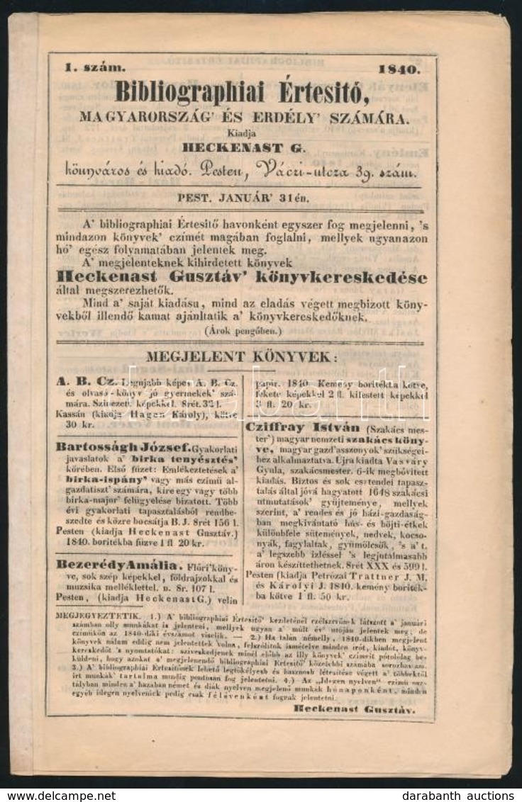 1840-1841 Bibliográphiai Értesítő. Magyarország és Erdély Számára. I. évf. 1. Szám, II. évf. 7-10 Számok, összesen 5 Db. - Unclassified