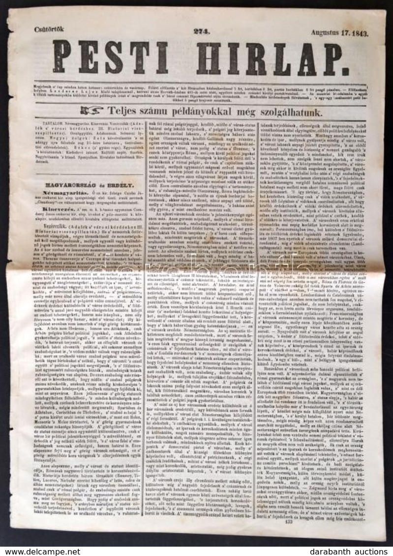 1843 Pesti Hírlap. 1843. Aug. 17., 274 Sz. Szerk.: Kossuth Lajos. Bp., Landerer Lajos, 551-558 P. Pulszky Ferenc Vezérci - Ohne Zuordnung