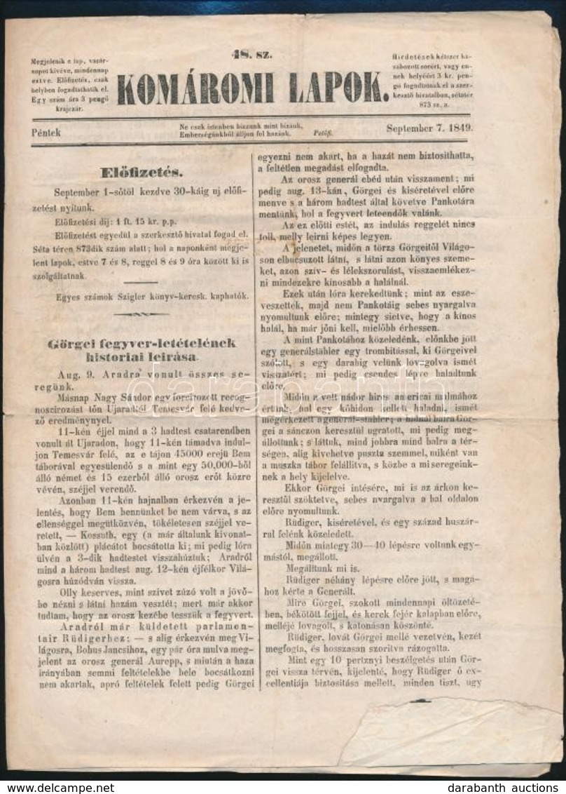 1849 Komáromi Lapok. 1849. Szept. 7., 48. Sz. Szerk.: Friebeisz István. Komárom, Szigler Testvérek,189-192 P. Az Ostroml - Ohne Zuordnung