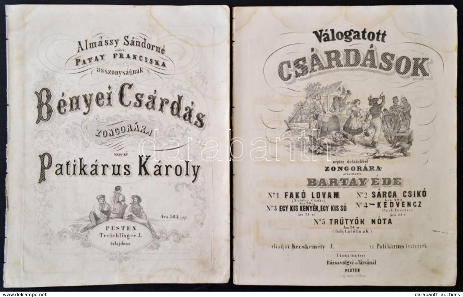 Cca 1850-1860 2 Db Régi Kőnyomatos Kotta: 
Patikárus Károly: Bényei Csárdás. Pest,é.n., Treichlinger J., 5 P.
Bartay Ede - Unclassified